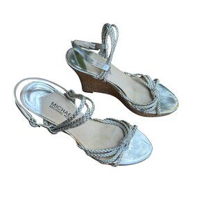 MICHAEL Michael Kors Palm Beach Silver Braided Platform Wedge Sandals Size 7